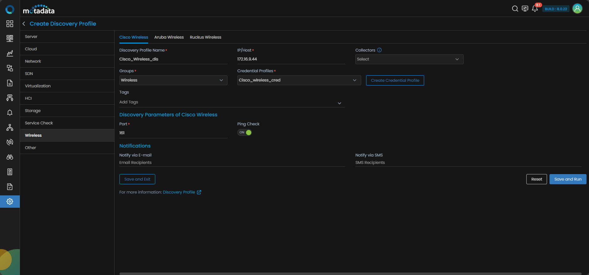 Discovery Profile form with Wireless category and Cisco Wireless selected